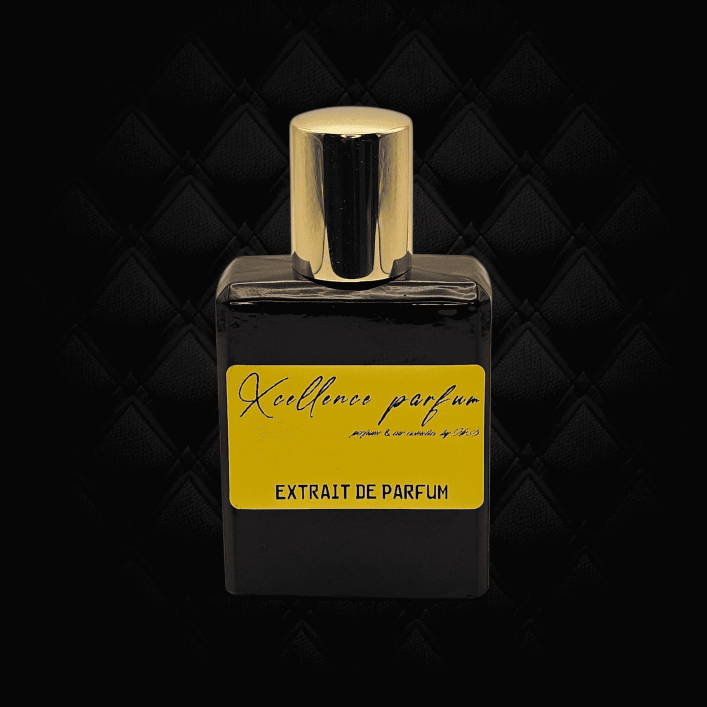 Schwarze Parfumflasche mit goldenem Deckel, Extrait de Parfum in luxuriösem Design