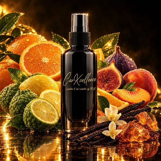 Aura Pur Autoparfüm Spray 100ml von CarXcellence, fruchtig-orientalischer Autoduft mit sizilianischer Orange, Zitrone und Bergamotte im Auftakt, einem Herz aus mediterranen Früchten und einer Basis aus Amber, Moschus und Vanille. Frische, die im Innenraum bleibt.