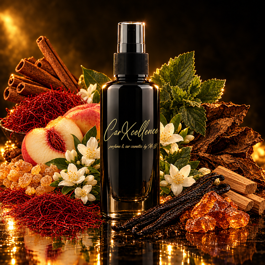 Tabac Rouge 100ml Autoparfüm Spray, würzig-gourmandiger Autoduft von CarXcellence mit Safran, Zimt, Weihrauch und weißem Pfirsich, Patchouli und Jasmin im Herzen sowie intensivem Tabak, Madagaskar-Vanille, Amber und Sandelholz. Monumentale Ausdauer auf Autoteppichen.