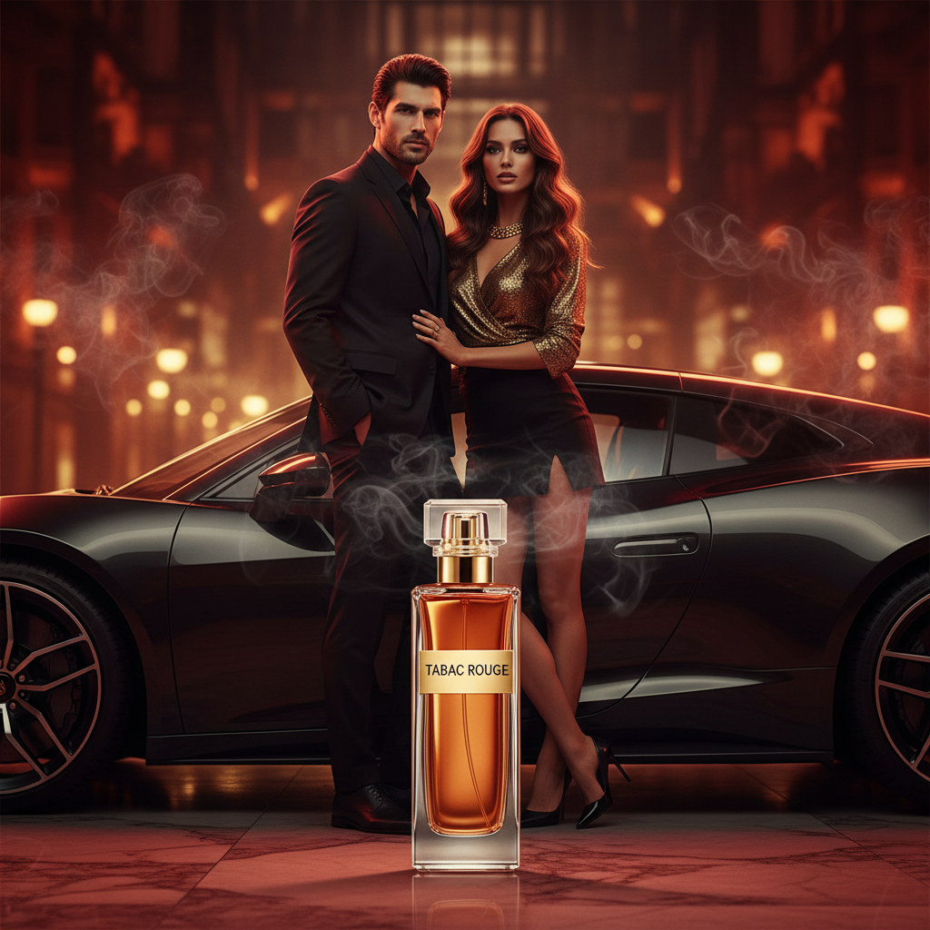 Tabac Rouge Bundle – Xcellence Parfum Extrait de Parfum 50ml & Autoparfüm Spray 100ml, elegantes Pärchen am Luxusauto, Safran, Tabak & Vanille, 57,95 €