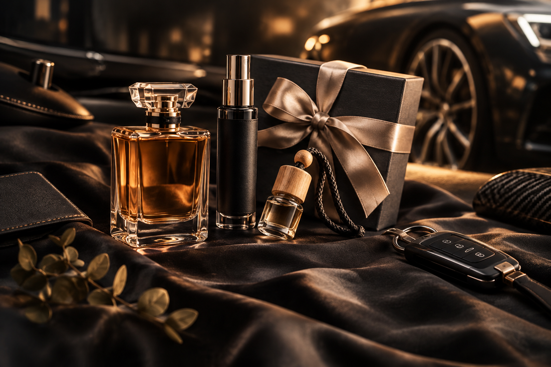 Edle Geschenkidee mit hochwertigem Körperparfüm, Autoparfüm-Spray, Duftanhänger, Autoschlüssel und stilvoller Geschenkbox für Duftliebhaber und Autofans.