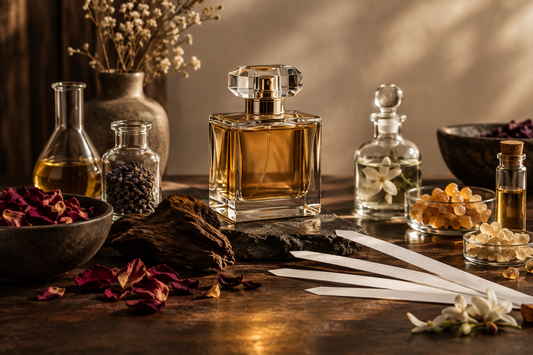 Elegantes Parfum-Stillleben mit hochwertigem Duftflakon, Duftstreifen, Glasgefäßen und natürlichen Duftzutaten als Symbol für wichtige Fachbegriffe der Parfumwelt.