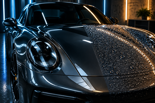 Glänzender dunkler Autolack mit perfekt abperlenden Wassertropfen im Detailing-Studio zum Vergleich von Keramikversiegelung und Keramikbeschichtung.