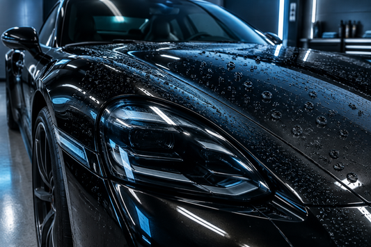 Glänzende schwarze Motorhaube mit abperlenden Wassertropfen nach einer professionellen Graphenbeschichtung. Die schützende Fahrzeugoberfläche reflektiert dezentes blaues Licht im Detailing-Studio.