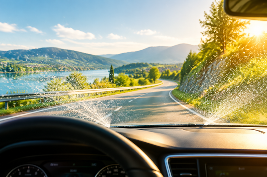 Kristallklare Autoscheibe mit feinem Scheibenwaschwasser-Sprühnebel bei einer sommerlichen Autofahrt durch eine grüne Landschaft.
