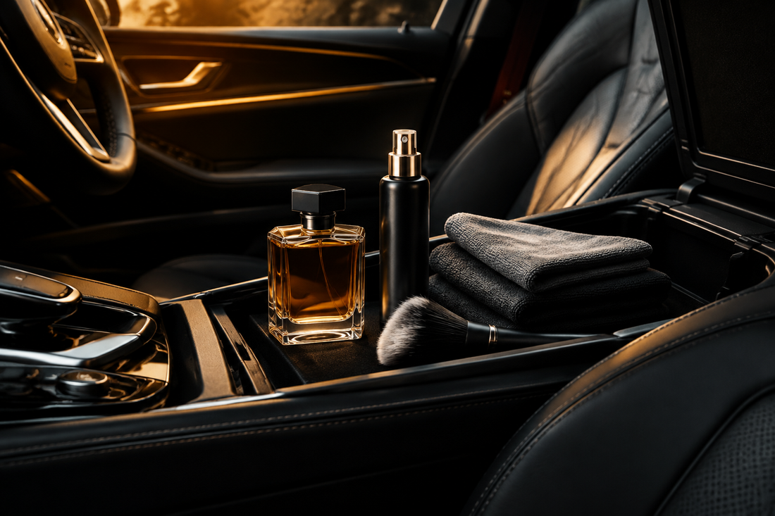 Hochwertiger schwarzer Fahrzeuginnenraum mit Autoparfüm, Extrait de Parfum, Mikrofasertüchern und Detailing-Zubehör für Fahrzeugpflege und eine luxuriöse Autoatmosphäre.