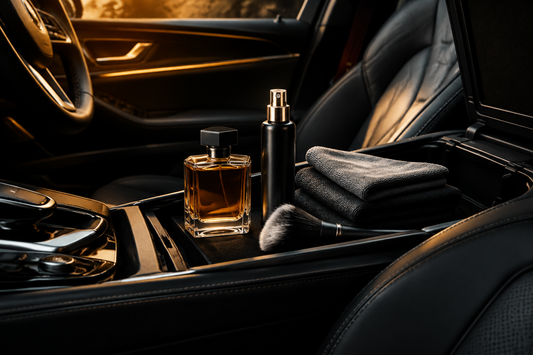 Hochwertiger schwarzer Fahrzeuginnenraum mit Autoparfüm, Extrait de Parfum, Mikrofasertüchern und Detailing-Zubehör für Fahrzeugpflege und eine luxuriöse Autoatmosphäre.