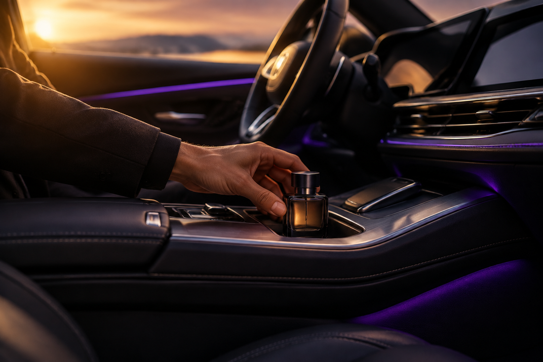 Luxuriöses schwarzes Autocockpit mit einer eleganten Duftflasche in der Mittelkonsole, stimmungsvolle Beleuchtung und persönliche Duft-Signatur im gepflegten Innenraum eines Fahrzeugs.