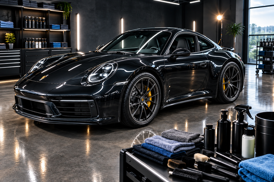 Professionell aufbereitetes Fahrzeug mit glänzendem Lack, sauberen Felgen, gepflegtem Lederinterieur und hochwertigem Autopflege- und Detailing-Zubehör im Studio.
