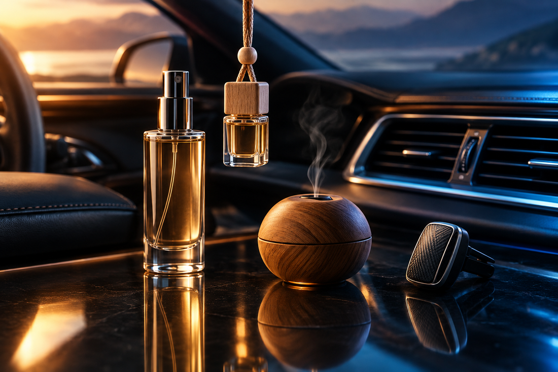 Vergleich verschiedener Autoduft-Varianten mit Autoparfüm-Spray, Duftanhänger, Holz-Diffusor und Lüftungsstecker neben einem hochwertigen Fahrzeuginnenraum.