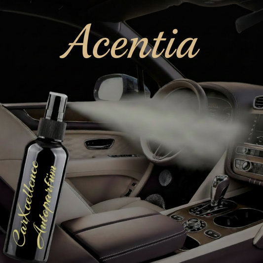 Autoparfüm Spray Acentia - schwarze Sprühflasche mit goldener Schrift in einem Luxus Auto Interior