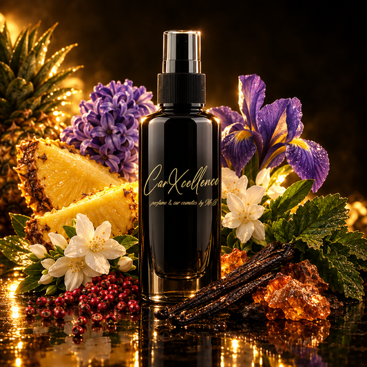 Autoparfüm Spray Acentia 100ml von CarXcellence – hochkonzentriertes Autoparfüm auf Extrait de Parfum Basis, fruchtig-blumige Duftkomposition mit Ananas und Hyazinthe, Jasmin, Iris und rosa Pfeffer, Basis aus Moschus, Amber, Vanille und Patchouli, langanhaltend auf Fußmatten und Textilien, ohne Glycerin, Made in Germany