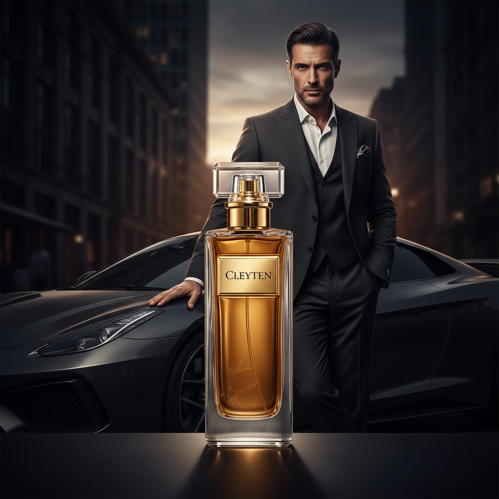 Cleyten Bundle – Xcellence Parfum Herren Extrait de Parfum 50ml & Autoparfüm Spray 100ml, eleganter Mann am dunklen Luxusauto, Apfel, Lavendel & Bourbon-Vanille, 57,95 €