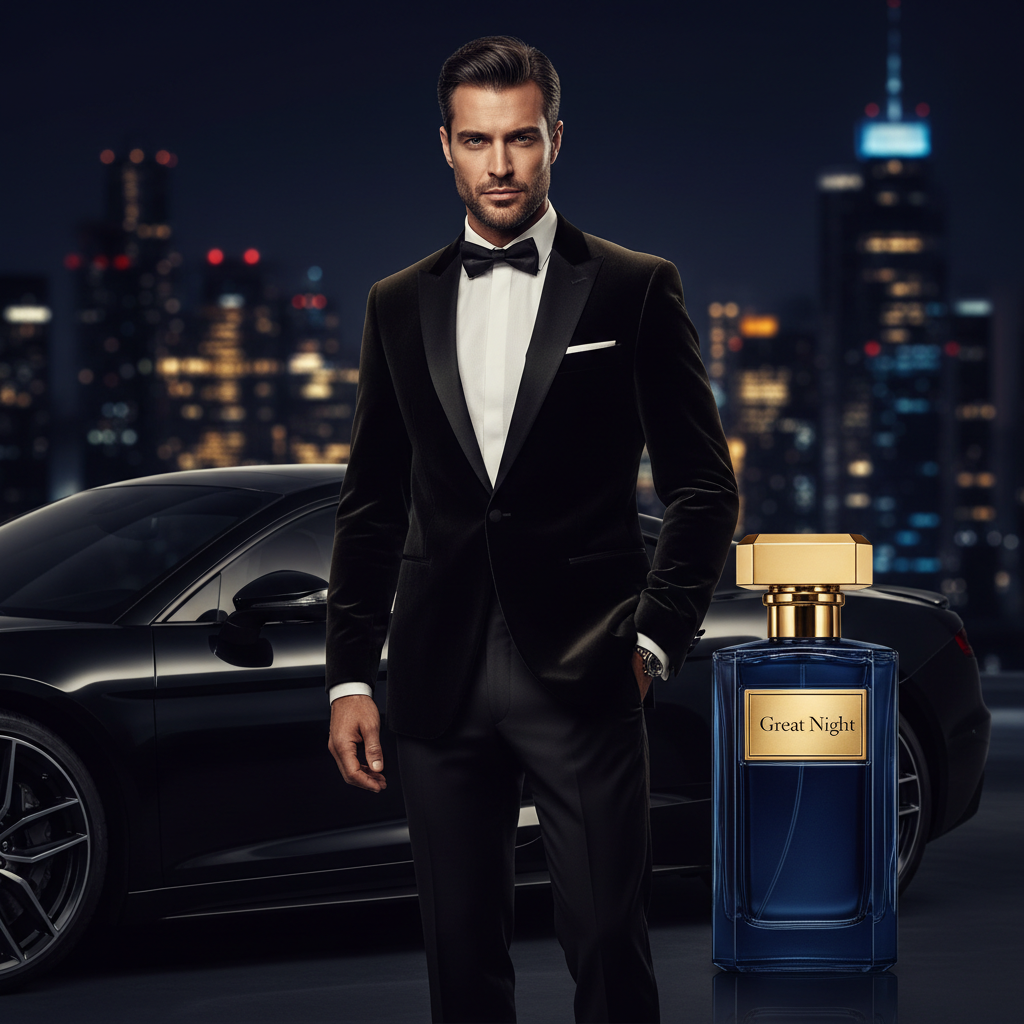 Great Night Bundle – Xcellence Parfum Herren Extrait de Parfum 50ml & Autoparfüm Spray 100ml, eleganter Mann im Tuxedo am schwarzen Luxusauto bei Nacht, Amber, Labdanum & Vanille, 57,95 €