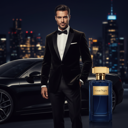 Great Night Bundle – Xcellence Parfum Herren Extrait de Parfum 50ml & Autoparfüm Spray 100ml, eleganter Mann im Tuxedo am schwarzen Luxusauto bei Nacht, Amber, Labdanum & Vanille, 57,95 €