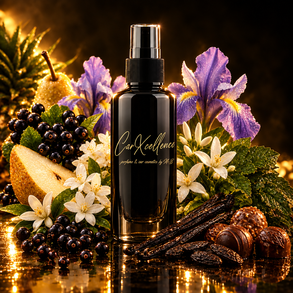 Belle Hayat Autoparfüm Spray 100ml von CarXcellence, blumig-fruchtiger Gourmand-Autoduft: schwarze Johannisbeere und Birne im Auftakt, Iris, Jasmin und Orangenblüte im Herzen, Patchouli, Tonkabohne, Vanille und Praliné in der Tiefe. Süße Note für jede Fahrt.