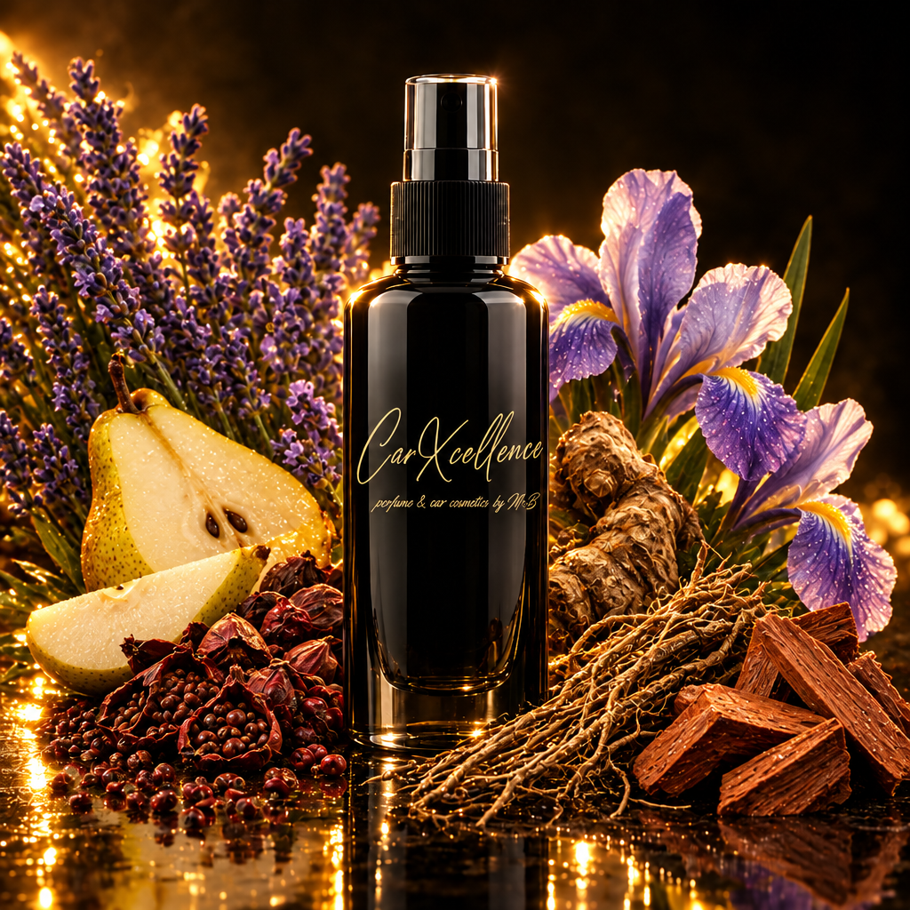 Autoparfüm Spray Intensive 100ml von CarXcellence – holzig-blumiger Moschusduft fürs Auto mit Lavendel im Auftakt, Iris, Hibiskussamen und Birne im Herzen, Vetiver und Zeder als Fundament. Seidige Eleganz, hochkonzentriert und sparsam dosierbar.