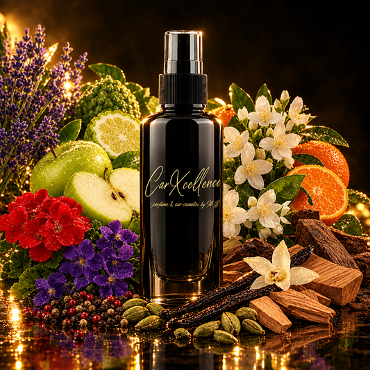 Cleyten Autoparfüm Spray 100ml von CarXcellence – würzig-fruchtiger Autoduft, der mit Apfel, Bergamotte, Lavendel und Mandarine startet, über Geranie, Veilchen und Jasmin führt und auf Bourbon-Vanille, Sandelholz, Guajakholz, Kardamom und Pfeffer ruht.