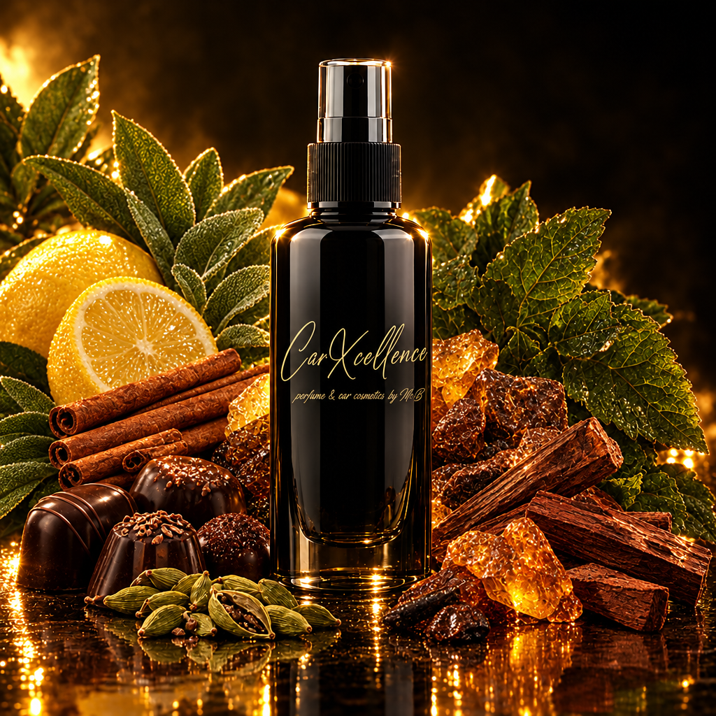 Autoparfüm Spray Black Spirit 100ml von CarXcellence – orientalisch-holziger Autoduft, der mit Zitrone und Salbei beginnt, sich über Zimt, Praliné, Tolubalsam und Kardamom entfaltet und auf Patchouli, Amber und Palisanderholz ruht. Dunkler Akzent fürs Cockpit.