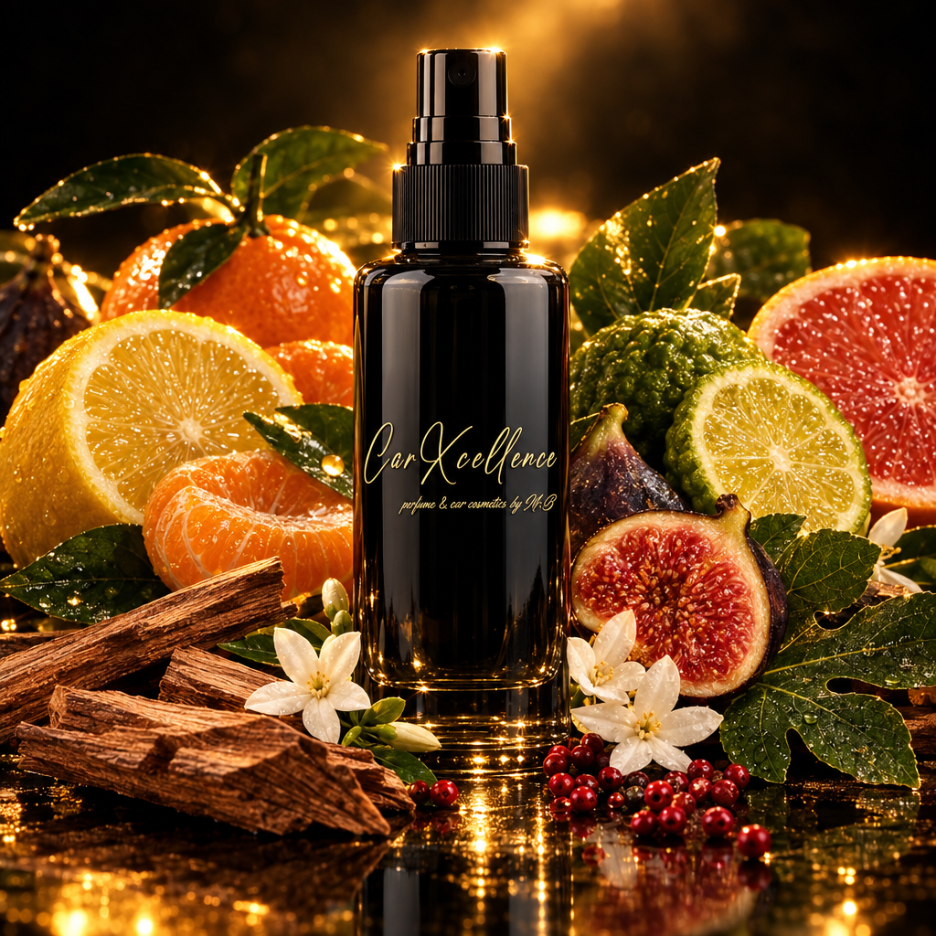 Autoparfüm Spray Magnefico 100ml von CarXcellence – mediterranes Autoparfüm mit hochkonzentriertem Parfümöl, fruchtig-holzige Duftkomposition mit Zitrone, Mandarine und Bergamotte, Herz aus Feige, Jasmin und rosa Pfeffer, Basis aus Zedernholz, Benzoe und Feigenbaum, bis zu 7 Tage Duft auf Autoteppichen, Made in Germany