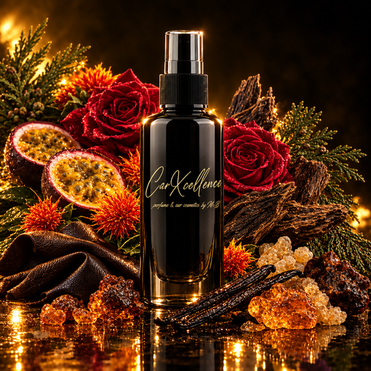 Fruity Oud 100ml Autoparfüm Spray von CarXcellence – exotisch fruchtig-orientalisch mit Passionsfrucht, türkischer Rose und Saflor, einem Kern aus Oud, Leder, Zypresse und Benzoe sowie Labdanum, Vanille, Akigalawood und Amber für lange Präsenz im Fahrzeug.