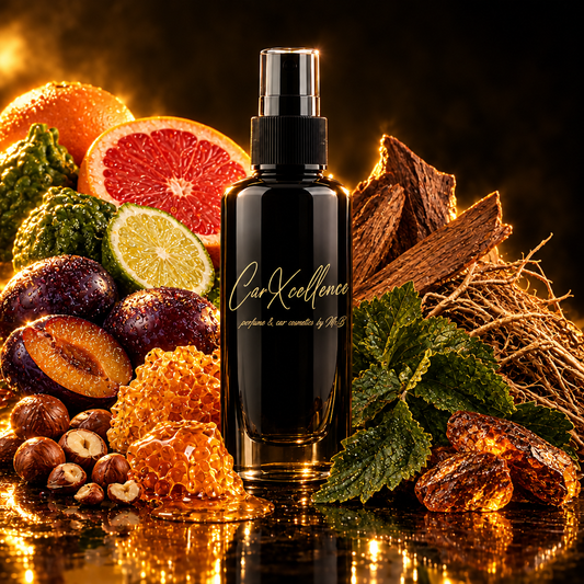Choosen One 100ml Autoparfüm Spray von CarXcellence: fruchtiger Auftakt aus Pflaume, Grapefruit und Bergamotte, cremiges Herz aus Haselnuss, Honig und Zedernholz, holzig-sinnliche Basis aus Vetiver, Patchouli und Amberholz. Warmer Gourmand-Duft fürs Fahrzeug.