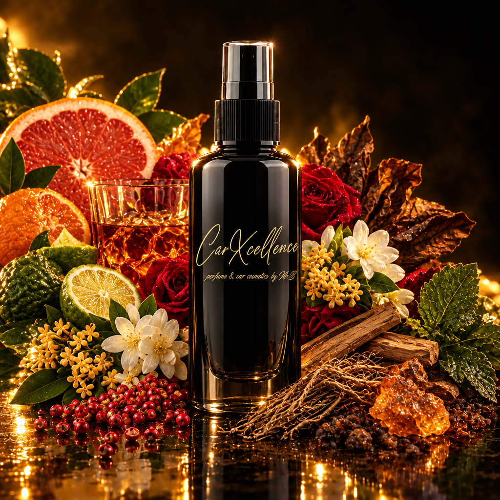 Orientalisch-würziges Autoparfüm Spray Amber 100ml von CarXcellence: Grapefruit, Bitterorange, Rum, Bergamotte und rosa Pfeffer öffnen, Tabak, Sandelholz, Osmanthus, Jasmin und Rose folgen, Amber, Vetiver, Myrrhe, Patchouli und Moschus bleiben lange im Innenraum.