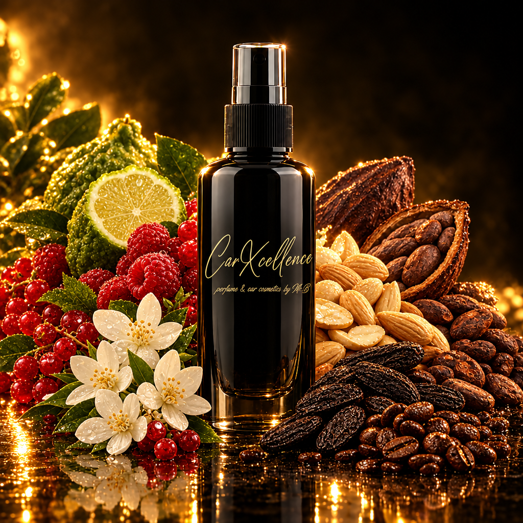 Side Chick Autoparfüm Spray 100ml von CarXcellence: spritzige Bergamotte und süße rote Beeren beim Einsteigen, Jasminblüten und cremige Mandel als Herz, Tonkabohne, Kakao und Kaffee als langanhaltende Basis in den Fahrzeugfasern.