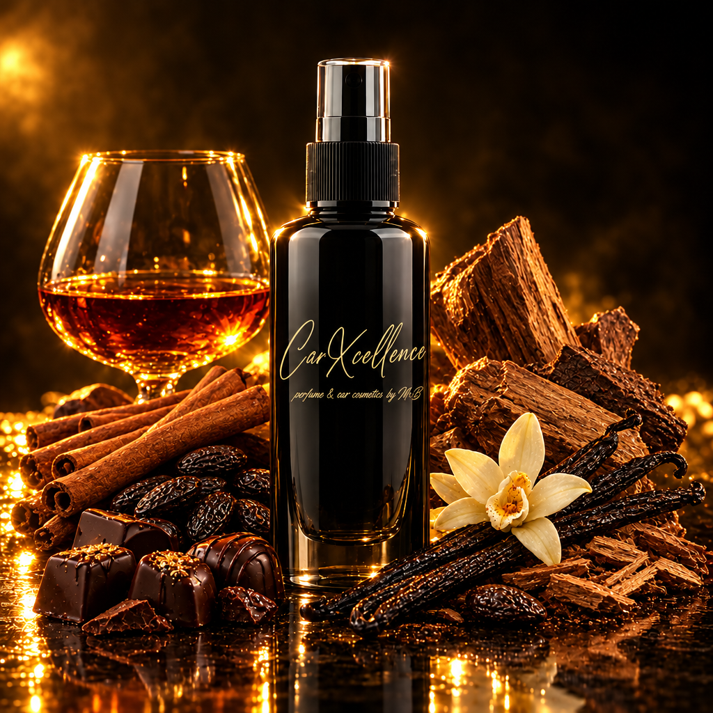 Gourmand Autoparfüm Spray Angels Passion 100ml von CarXcellence – gereifter Cognac-Akkord trifft auf Ceylon-Zimt, Tonkabohne und Eichenholz, darunter cremige Praline, edle Vanille und Sandelholz. Raumfüllende Sillage, ideal für kühlere Jahreszeiten.
