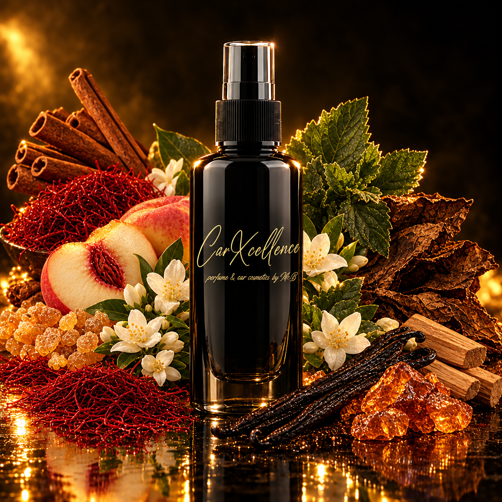 Tabac Rouge 100ml Autoparfüm Spray, würzig-gourmandiger Autoduft von CarXcellence mit Safran, Zimt, Weihrauch und weißem Pfirsich, Patchouli und Jasmin im Herzen sowie intensivem Tabak, Madagaskar-Vanille, Amber und Sandelholz. Monumentale Ausdauer auf Autoteppichen.