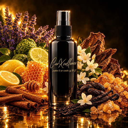 Naxias Autoparfüm Spray 100ml von CarXcellence, orientalisch-würziger Autoduft: Lavendel, Bergamotte und Zitrone eröffnen, Honig, Zimt, Kaschmir und Jasmin folgen, Tabak, Tonkabohne, Vanille und Olibanum bleiben lange im Fahrzeuginnenraum präsent.