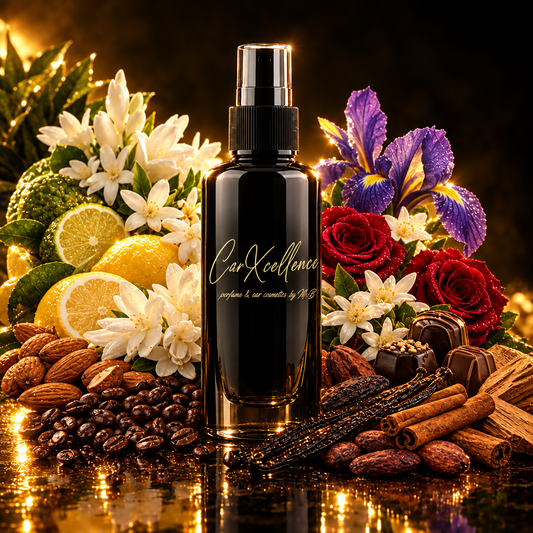 Nice Girl 100ml Autoparfüm Spray von CarXcellence – orientalisch-blumiger Autoduft mit Mandel, Kaffee, Bergamotte und Zitrone, einem Bouquet aus Tuberose, arabischem Jasmin, Orangenblüte, Rose und Iris sowie Tonkabohne, Kakao, Vanille, Praliné und Sandelholz.