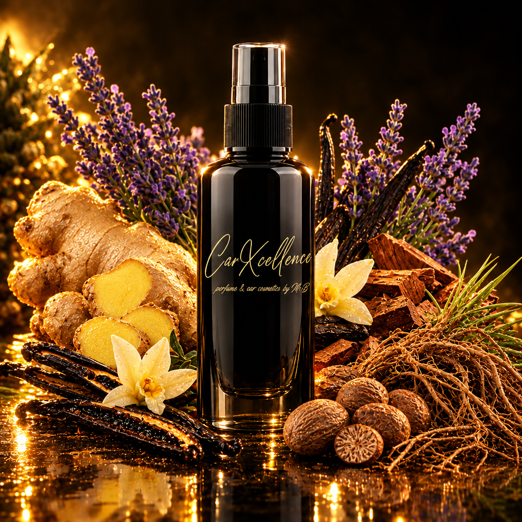 Autoparfüm Spray Made in Italy 100ml von CarXcellence – würzig-orientalisches Autoparfüm mit hochkonzentriertem Parfümöl, Kopfnoten aus Ingwer und Vanille, Herz aus Bourbon-Vanille, Lavendel und Muskatnuss, Basis aus Zedernholz und Vetiver, bis zu 7 Tage Duft auf Autoteppichen, Made in Germany
